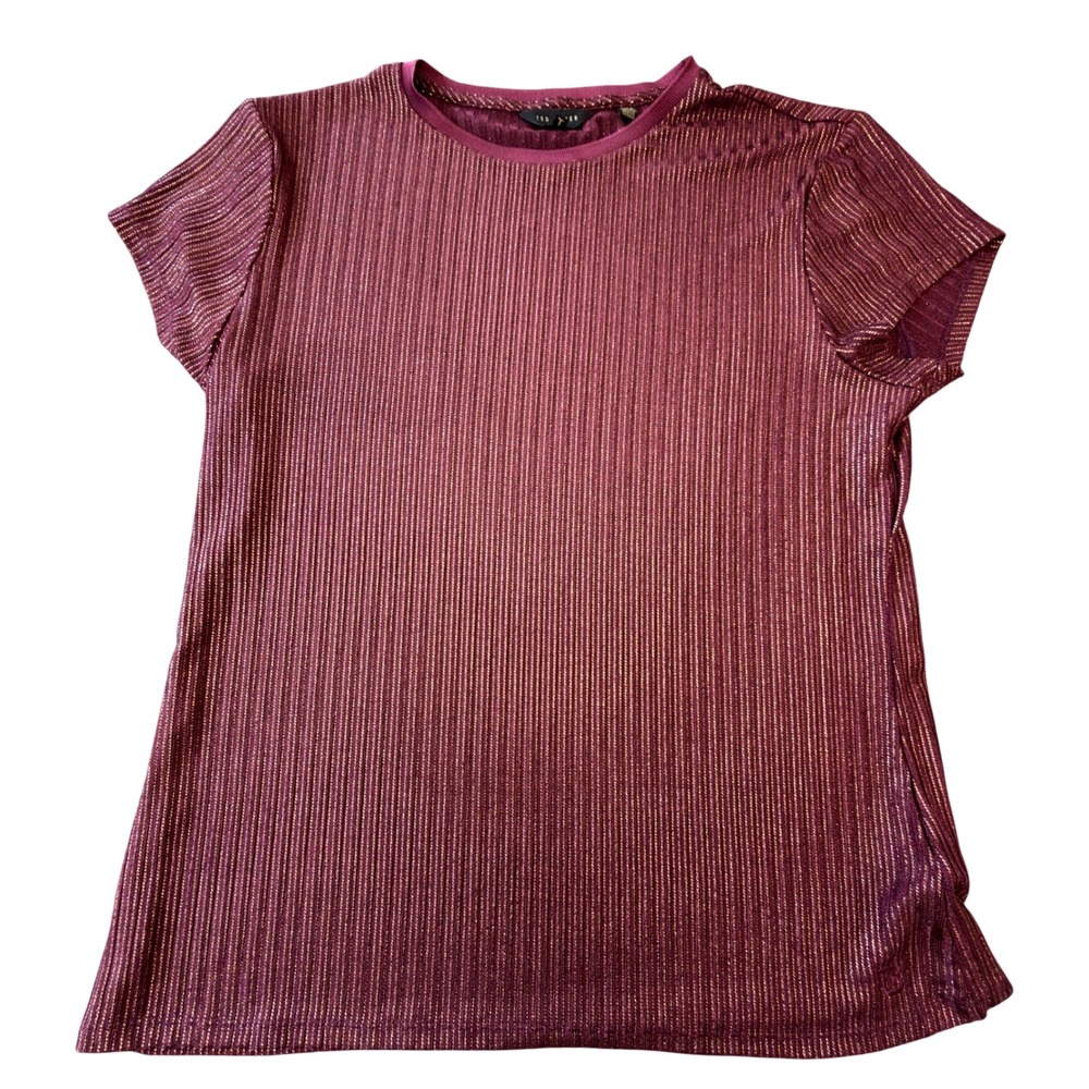 Ted Baker London Burgundy Gold Metallic Stripe Short Sleeve Crew Neck Top Size 5